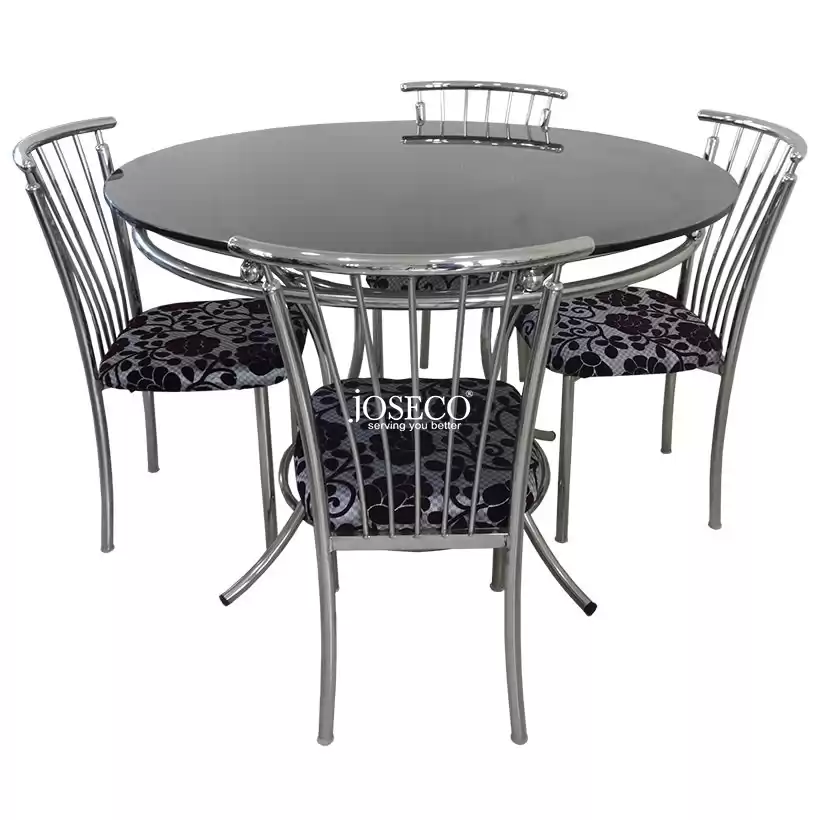 GALVIN NE Stainless Steel 4 Seater Table and Chairs Set with Top Round Glass